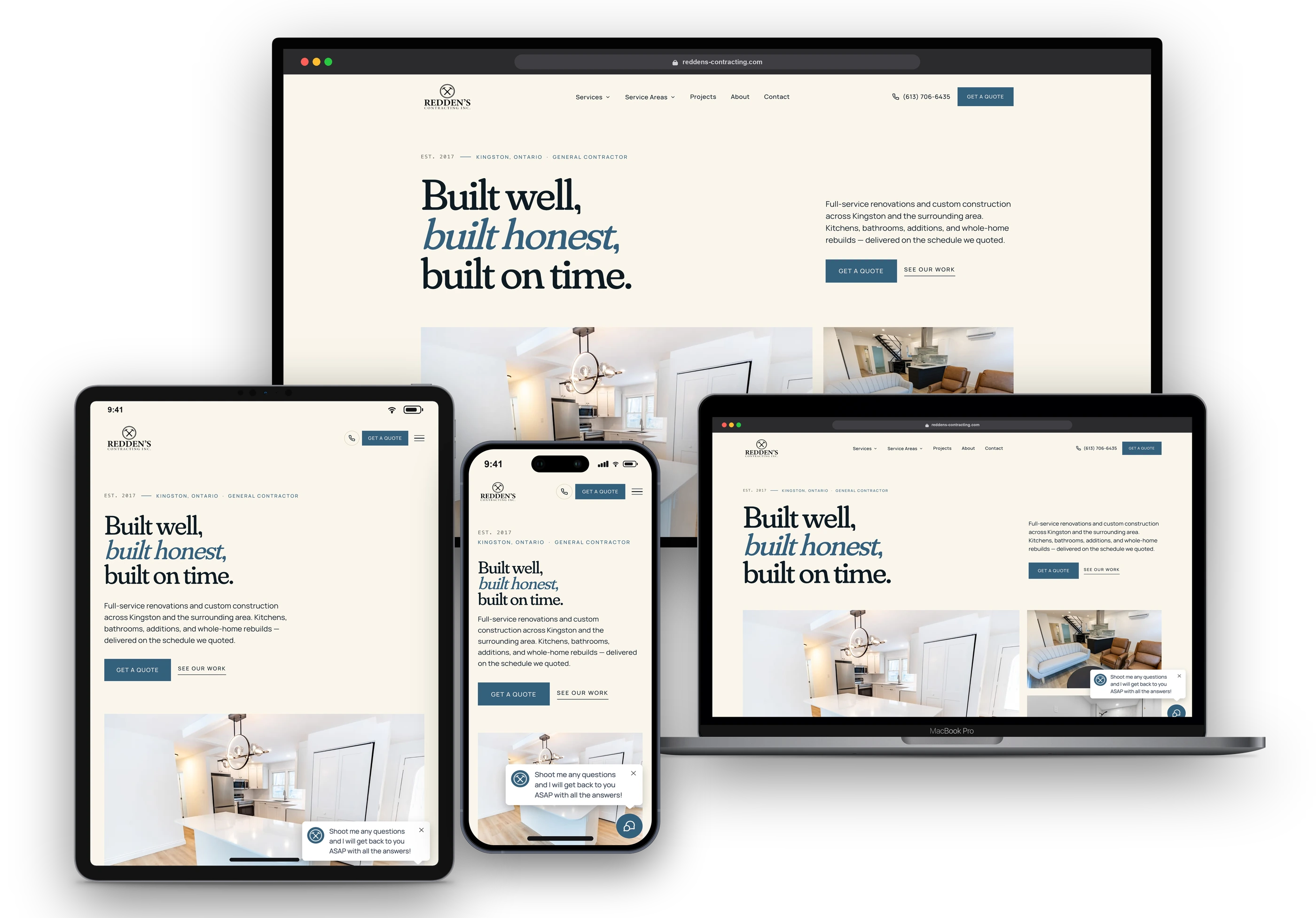 Reddens Contracting website shown on a desktop display, laptop, tablet, and phone